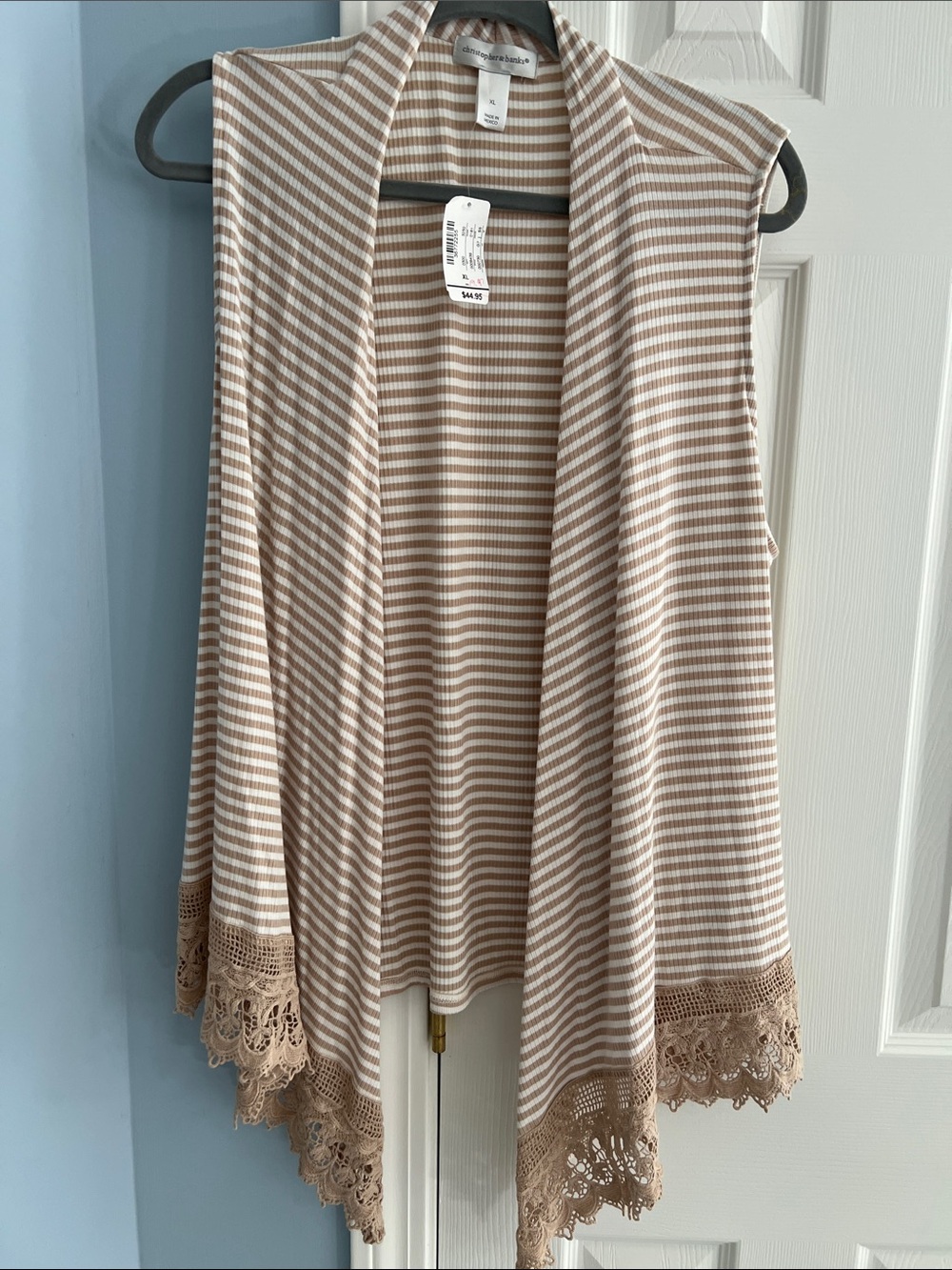 Christopher & Banks Beige and White Striped Sleeveless Cardigan with Lace Trim